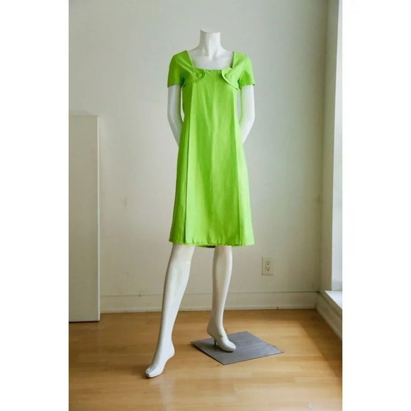 Vintage 60s LINEN Chartreuse Green A line Midi  Dress S - Picture 2 of 12